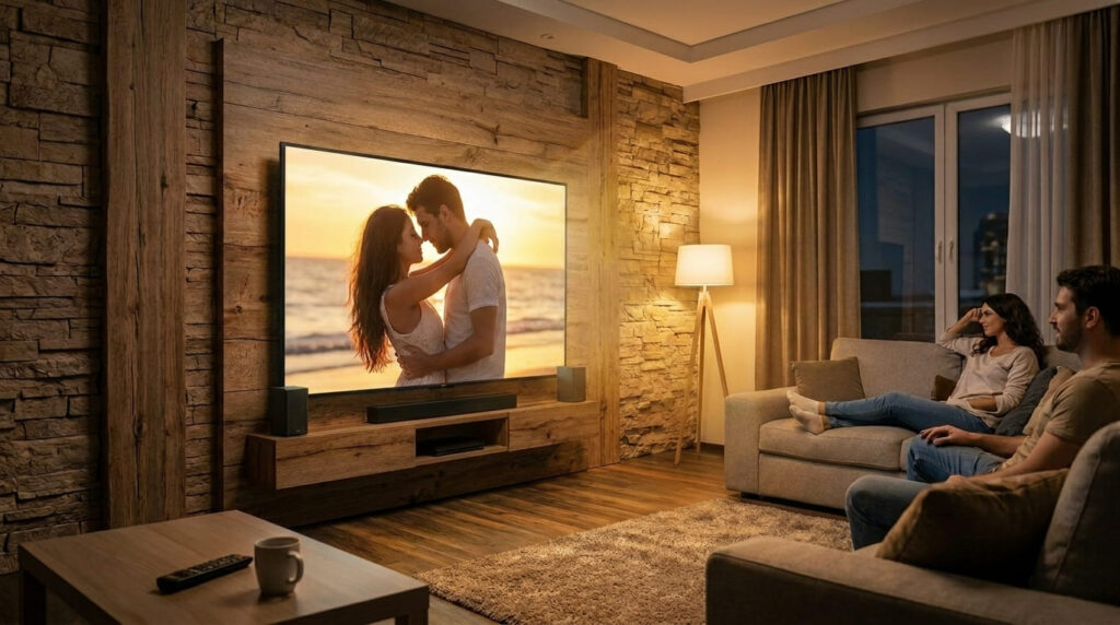 Casal assistindo TV 4K em sala de estar moderna, com tamanho de tv ideal para imersão cinematográfica