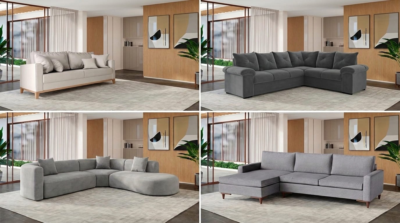 Comparação de quatro tipos de sofá em uma sala de estar: sofá reto bege, sofá modular cinza em L, sofá chaise cinza e branco, e sofá retrátil cinza com chaise, mostrando diferentes estilos e configurações.