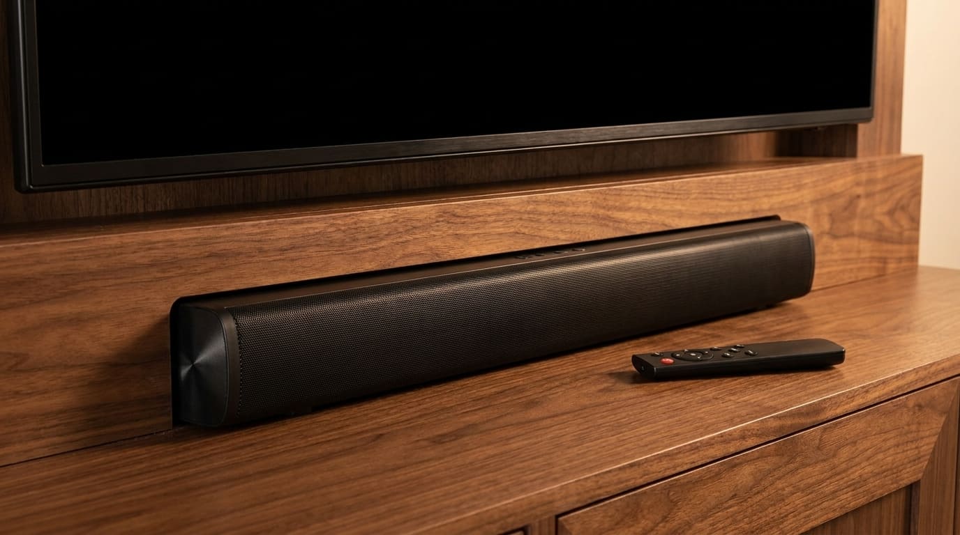 soundbar compacta posicionada abaixo de uma TV em um rack, com design minimalista