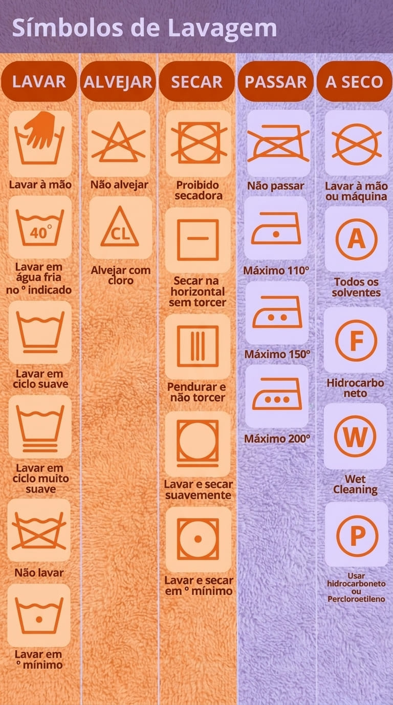 Tabela completa de símbolos de lavagem de roupa, organizada por categorias: lavar, alvejar, secar, passar e a seco, com ícones e descrições claras para cada instrução.