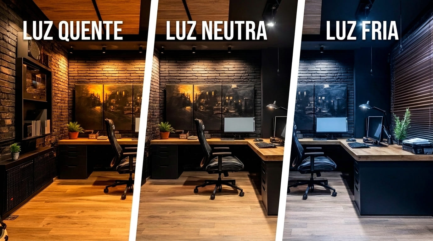 Comparativo de um home office dividido em três seções, mostrando os efeitos da luz quente (amarela), luz neutra (branca) e luz fria (azulada) no ambiente de trabalho.