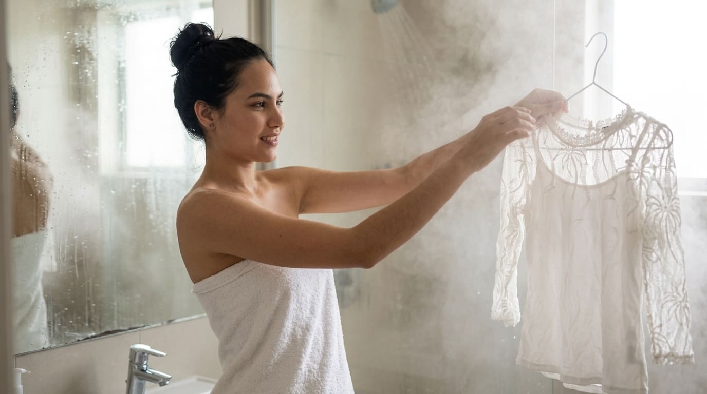 Mulher em banheiro com vapor pendurando blusa delicada em cabide, usando o vapor do chuveiro como alternativa ao ferro de passar para desamassar a roupa.