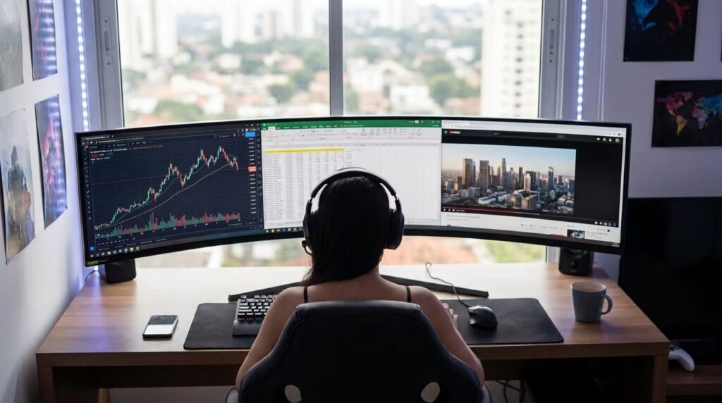 Pessoa trabalhando em estação com monitor ultrawide, planilha, gráfico financeiro e vídeo exibidos na mesma tela.