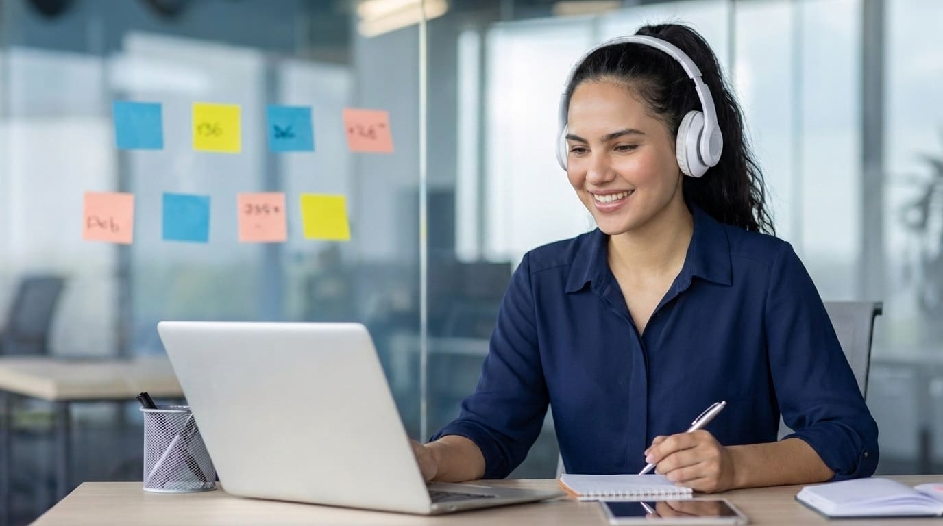 Mulher trabalhando no home office com headset, notebook e caderno sobre a mesa.