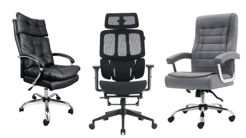 Três cadeiras ergonômicas de escritório: uma preta de couro com encosto alto, uma preta com tela mesh e ajustes lombares, e uma cinza de couro com design clássico.