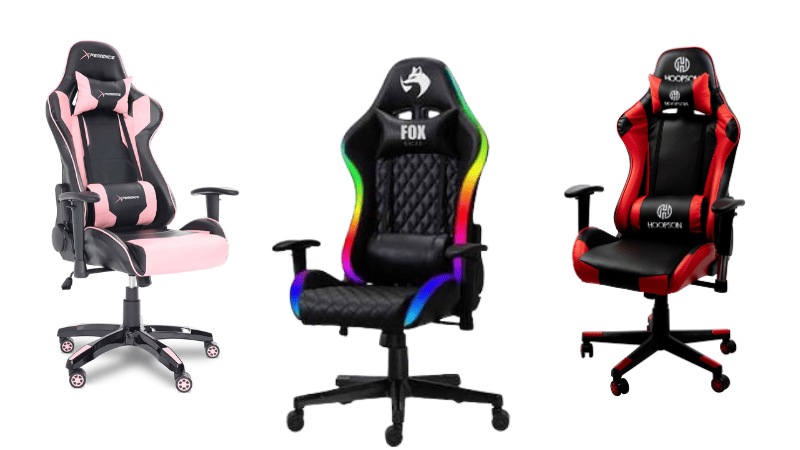 Três cadeiras gamer: uma rosa e preta, uma preta com iluminação RGB e logo de lobo, e uma vermelha e preta com design esportivo.