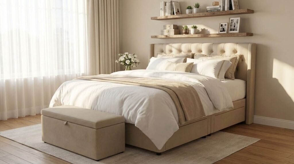 Quarto pequeno com cama-baú, gavetas inferiores, puff com armazenamento e prateleiras na parede.