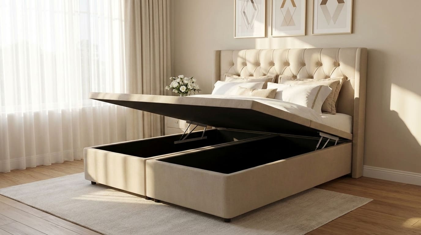 Cama box baú bege com cabeceira estofada, aberta, revelando amplo espaço de armazenamento interno, em quarto moderno com cortinas claras e piso de madeira.