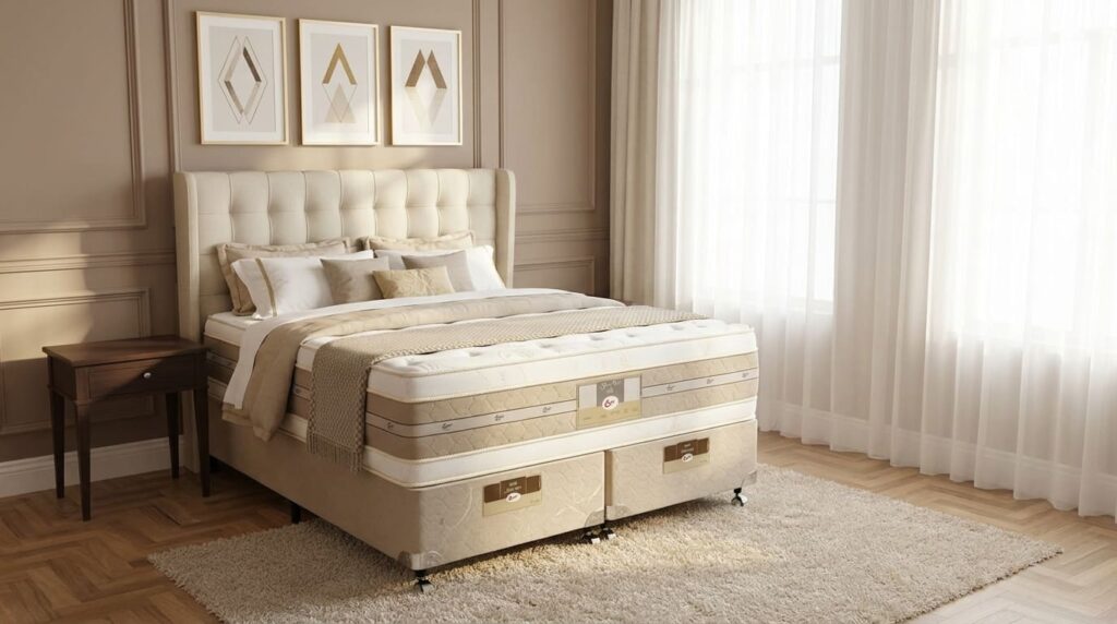 Cama box king size bege com colchão de molas de alta qualidade, cabeceira estofada, mesa de cabeceira de madeira escura e cortinas brancas em quarto elegante.