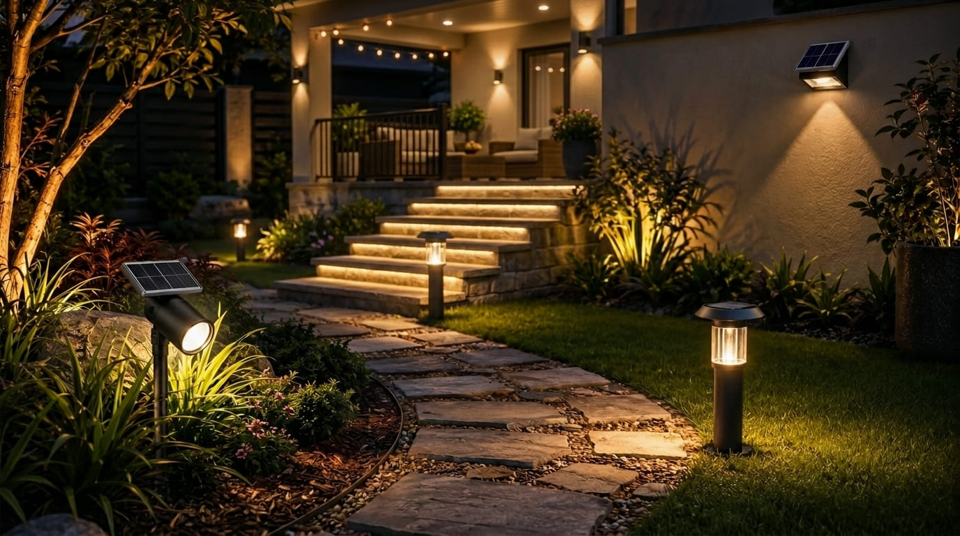 Iluminação área externa: caminho de pedra com balizadores e degraus com LED embutido, valorizando a segurança e estética
