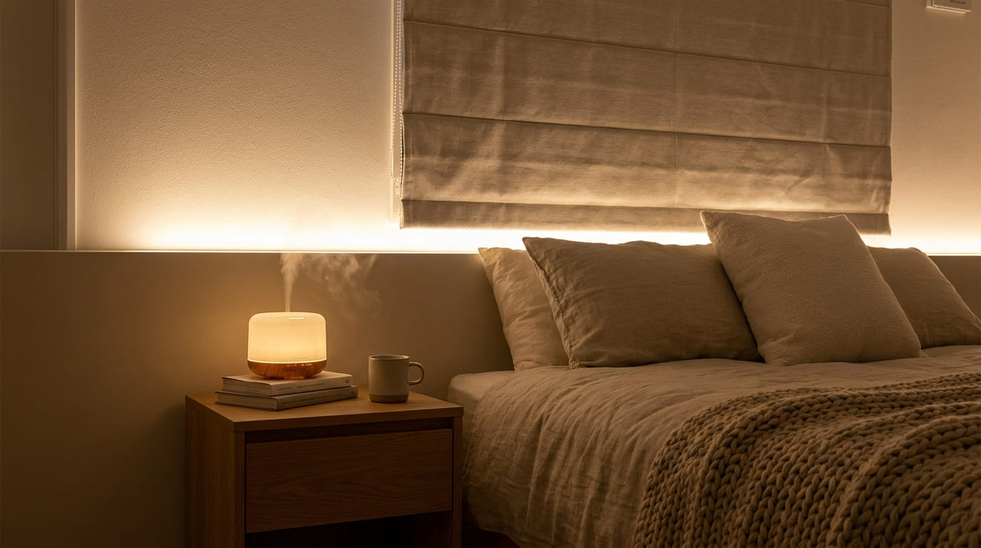 Difusor de aromaterapia aceso sobre criado‑mudo ao lado da cama, com iluminação indireta quente, criando um quarto relaxante e acolhedor.