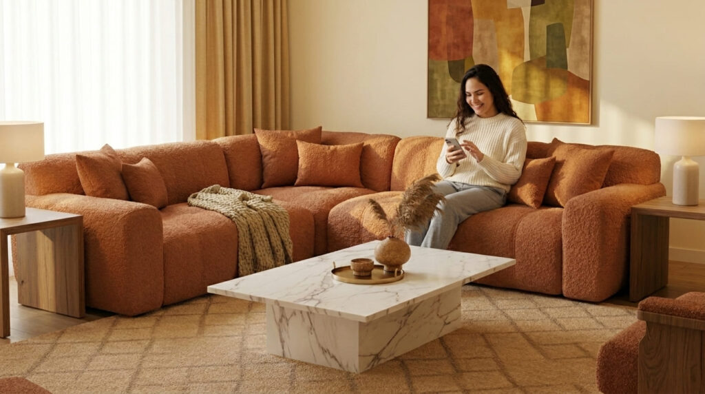 Como Escolher o Sofá Ideal: Conforto, Estilo e Durabilidade para Sua Sala Mulher sentada em um sofá modular marrom em uma sala de estar aconchegante com mesa de centro de mármore, tapete bege, cortinas douradas e quadro abstrato, demonstrando conforto e estilo.