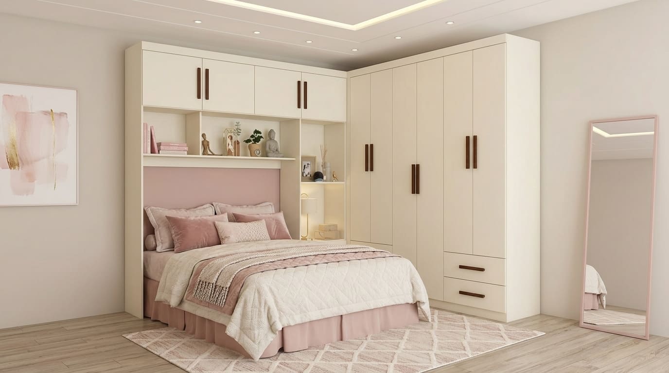 Quarto com guarda‑roupa embutido em L ao redor da cama, portas lisas bege, nichos decorativos sobre a cabeceira e gavetas laterais, criando ambiente organizado e integrado.