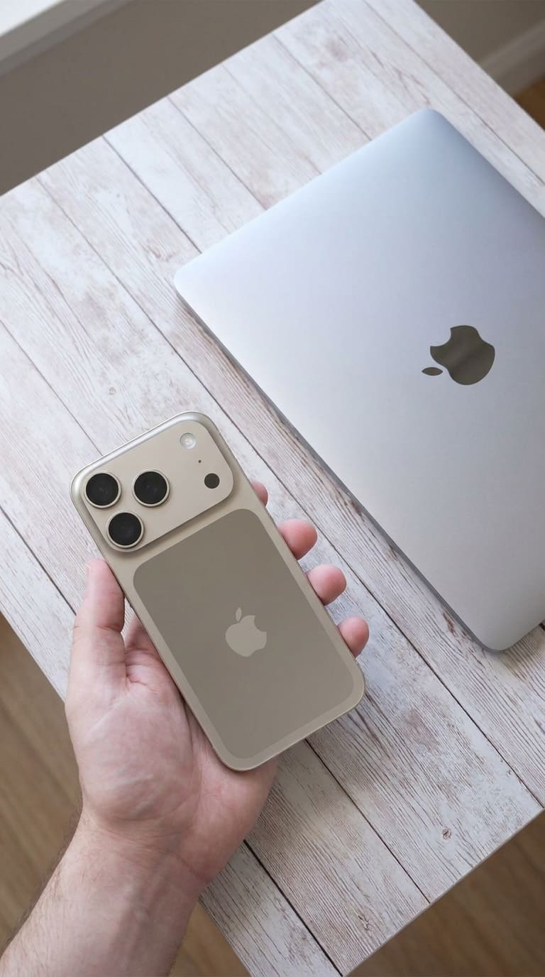 Mão segurando iPhone 17 Pro Max prateado ao lado de um MacBook Pro prateado em mesa de madeira clara