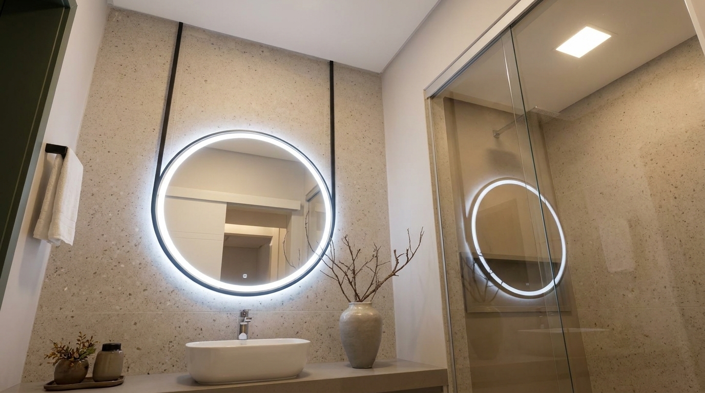 Detalhes da iluminação de um banheiro pequeno: espelho com LED e luzes embutidas no teto