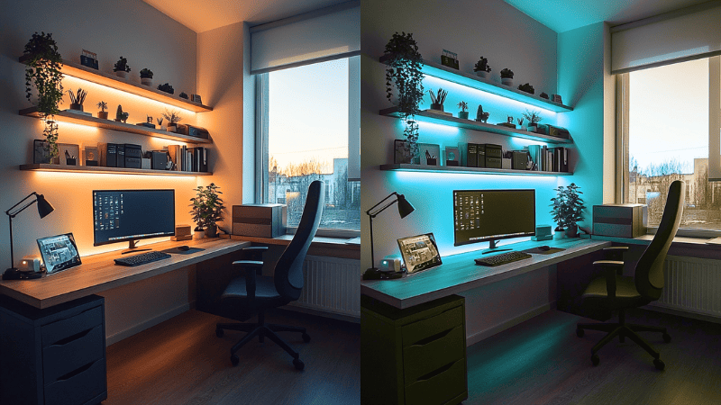 Home office moderno com iluminação LED embutida nas prateleiras, mostrando o mesmo ambiente com luz laranja quente e luz azul fria, demonstrando a liberdade de opções de iluminação inteligente.