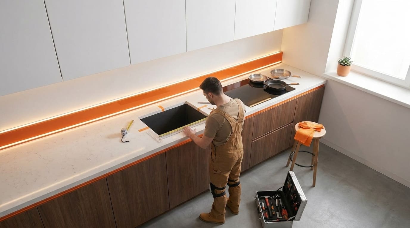 Homem instalando cooktop de indução em bancada de cozinha moderna com fita métrica e ferramentas