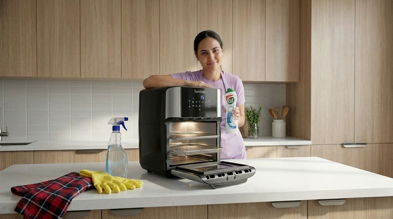 Mulher sorrindo ao lado de airfryer Sandias, segurando produto de limpeza Cif, com luvas e pano na bancada