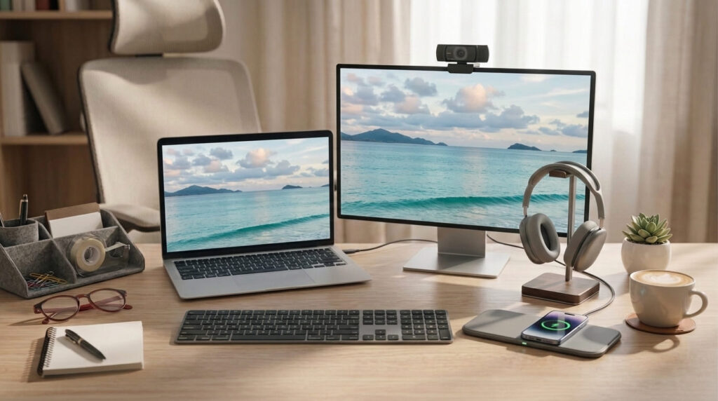 Mesa de home office organizada com notebook, monitor, webcam, headset, teclado, carregador sem fio e acessórios de trabalho.