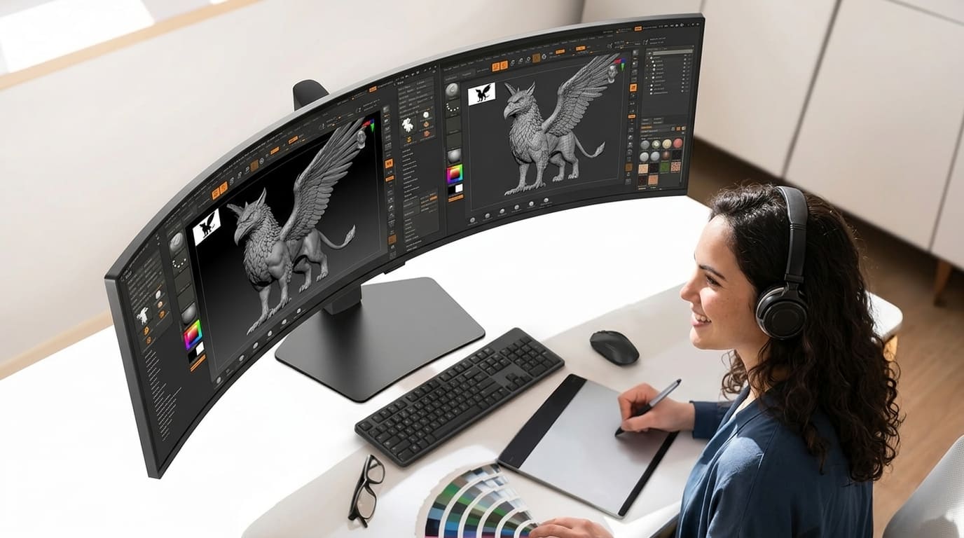 Mulher usando monitor ultrawide curvo para trabalhar com edição e modelagem digital em uma tela ampla.