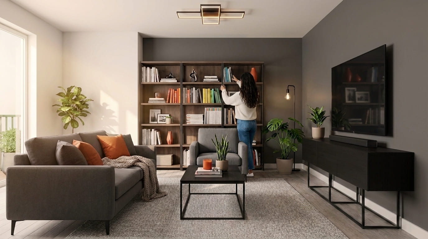 Mulher organizando e categorizando livros e objetos em estante de madeira em sala de estar moderna, com sofá cinza, almofadas laranja, mesa de centro minimalista, rack com TV e plantas, em ambiente clean e aconchegante.