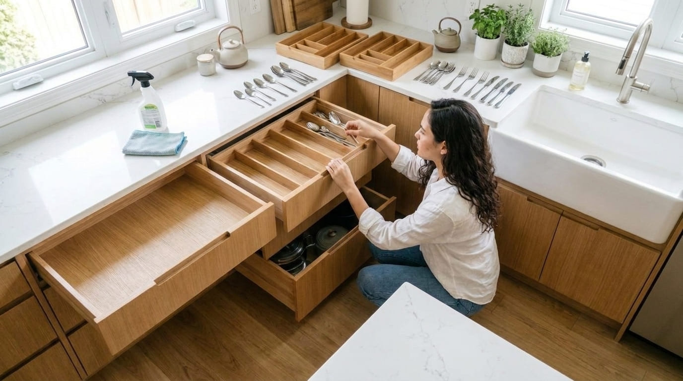 Pessoa retirando utensílios de armários e gavetas da cozinha para organizar o espaço por etapas.