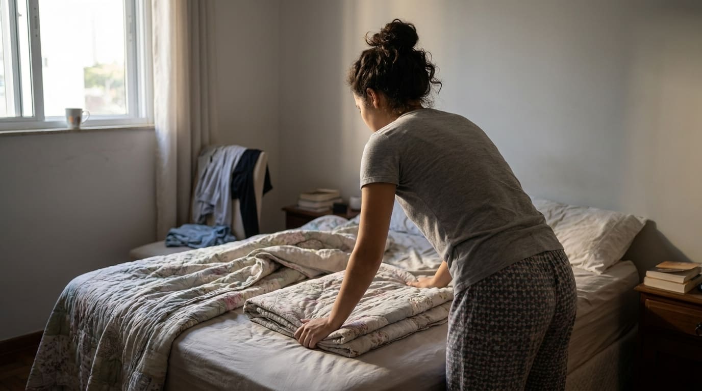 Quarto bagunçado com roupas e objetos espalhados, refletindo o impacto negativo da desordem na mente