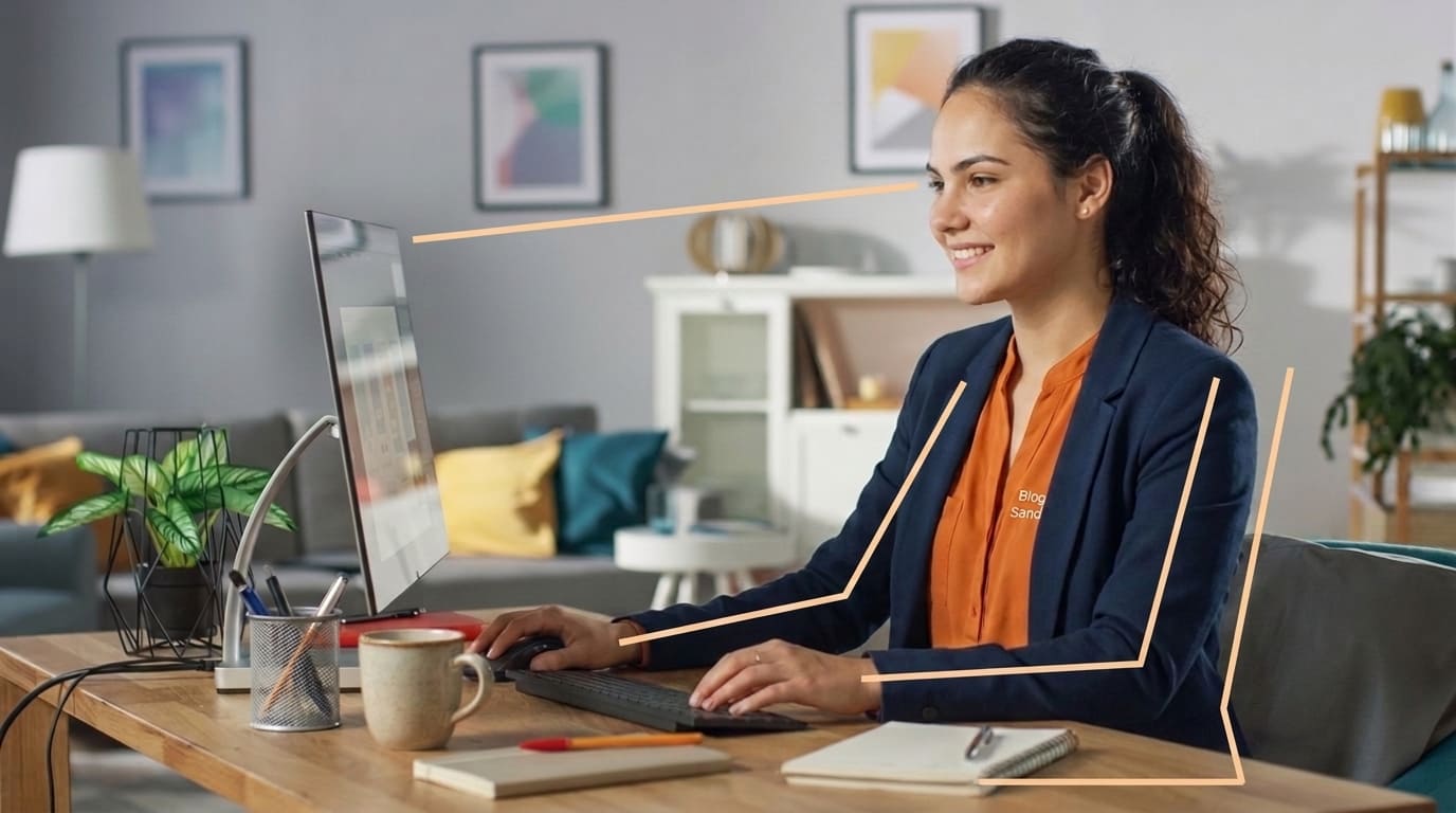 Mulher sorrindo trabalhando em home office com postura correta: pés no chão, joelhos a 90 graus, coluna ereta e apoiada, braços e cotovelos a 90-100 graus, olhar para frente, com linhas guias laranja.