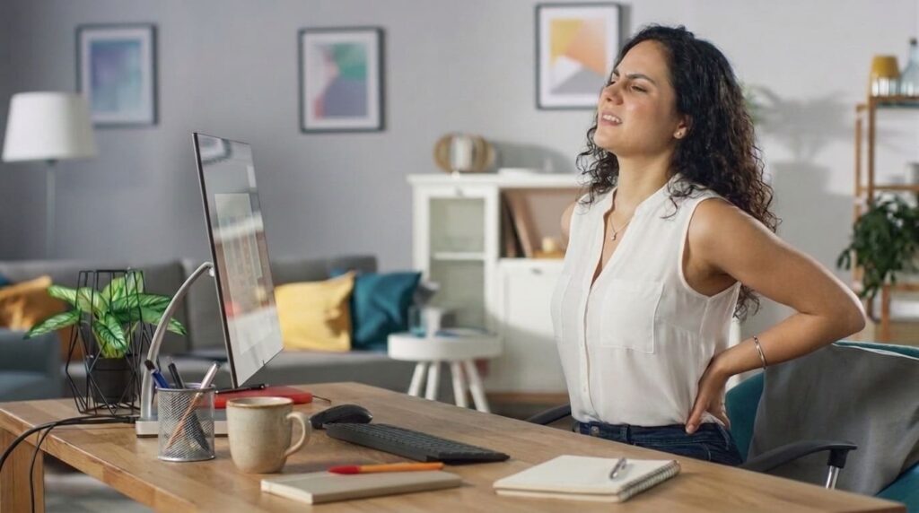 Ergonomia Essencial: Monte um Home Office Confortável e Saudável Mulher com dor nas costas, mão na lombar, trabalhando em home office com postura inadequada em frente ao computador, em home office.