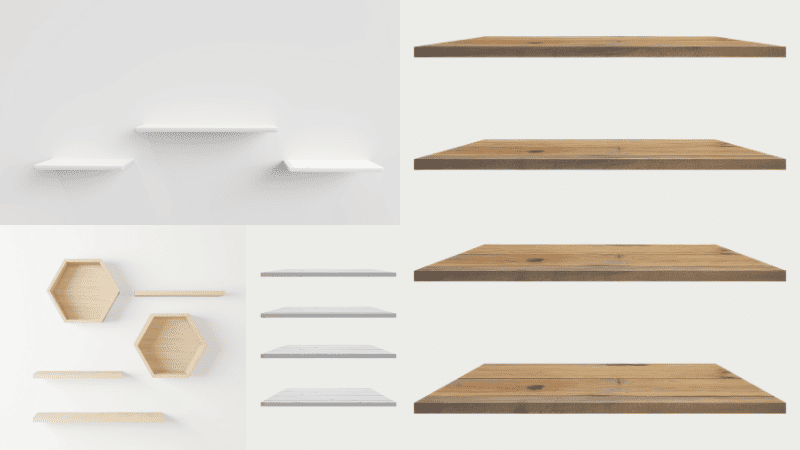QConjunto de prateleiras e nichos de parede para organizar e decorar um quarto pequeno.