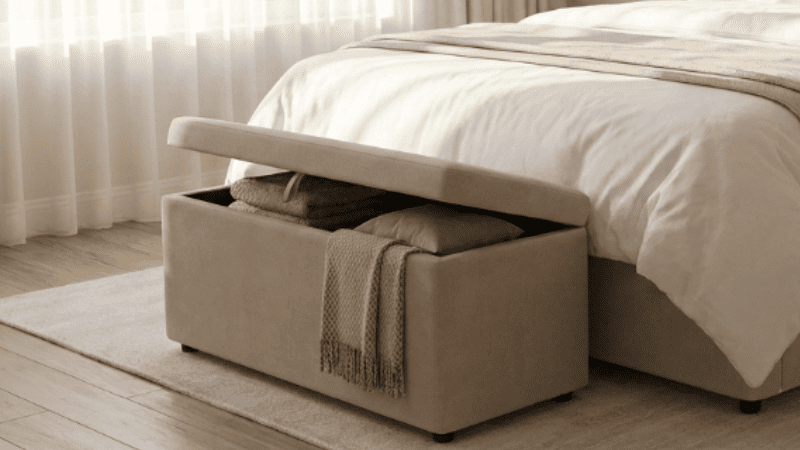 Puff-baú com espaço interno para guardar mantas e almofadas ao lado de uma cama em quarto pequeno.