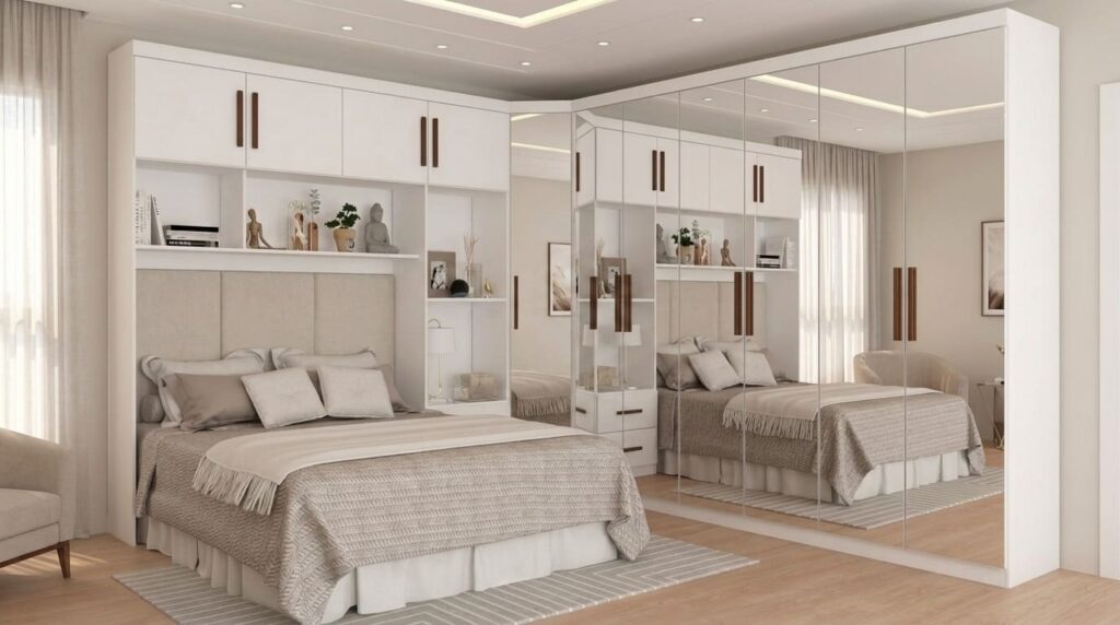 Quarto planejado com guarda‑roupa embutido em L com portas espelhadas, nichos sobre a cabeceira e iluminação embutida, ampliando o espaço e deixando o ambiente organizado.