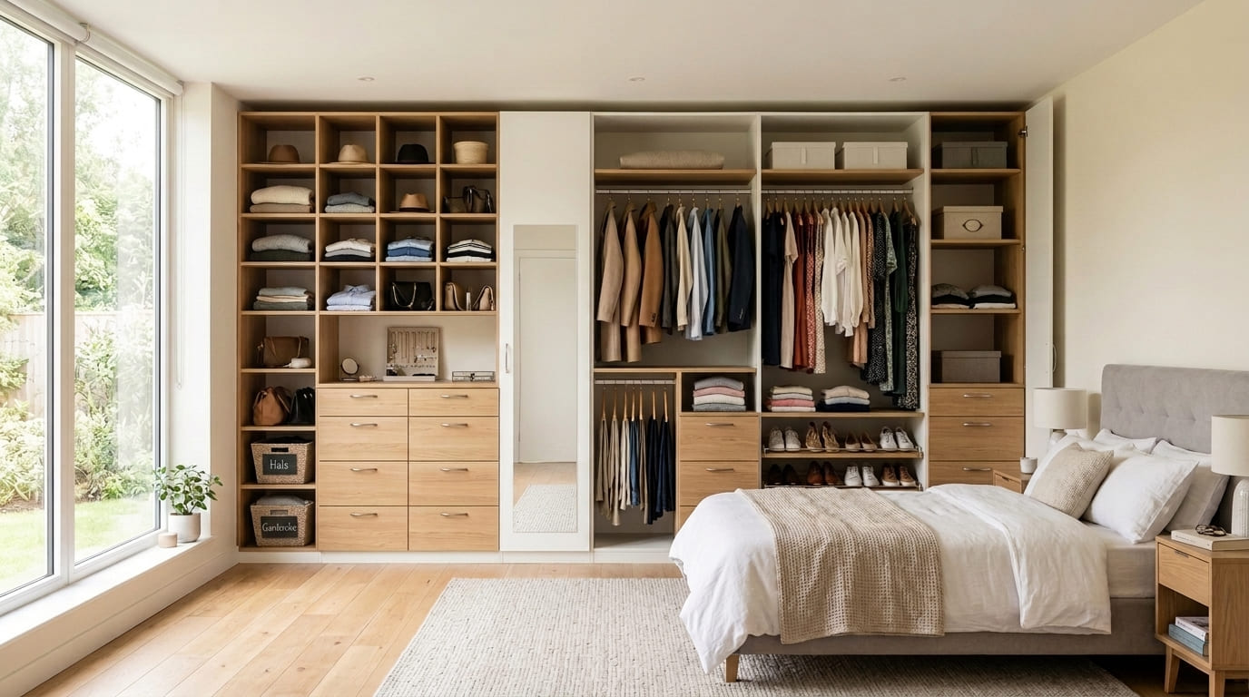 Quarto com guarda‑roupa modulado aberto em madeira clara, nichos, gavetas, cabideiros e prateleiras organizando roupas, sapatos e acessórios ao lado da cama.