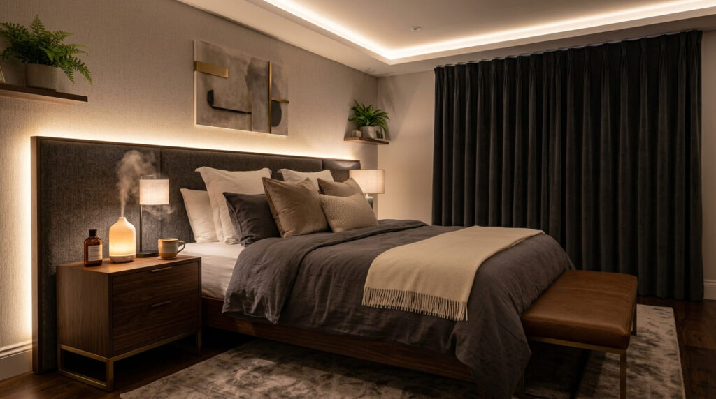 Crie um Santuário do Sono: Dicas para um Quarto Relaxante e Antiestresse Quarto relaxante luxuoso com cama grande, cabeceira estofada cinza, iluminação indireta, cortinas escuras e difusor de aromaterapia no criado‑mudo.