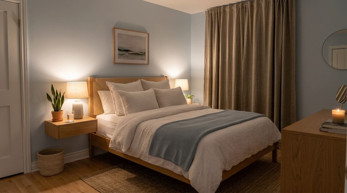 Quarto relaxante com paredes azul claro, cama de madeira com enxoval branco, manta azul, luminárias de cabeceira e plantas, em clima aconchegante.