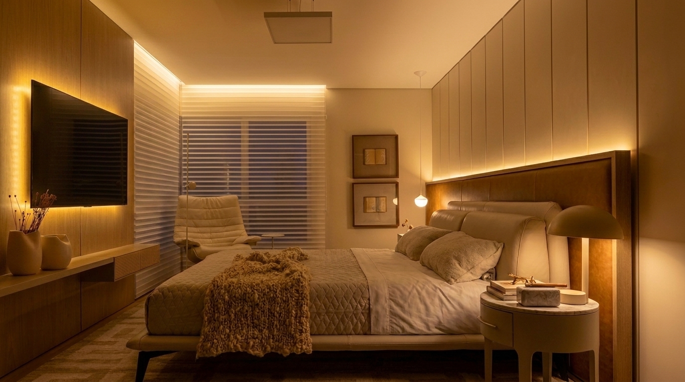 Quarto organizado com cama arrumada, iluminação suave e prateleiras discretas.