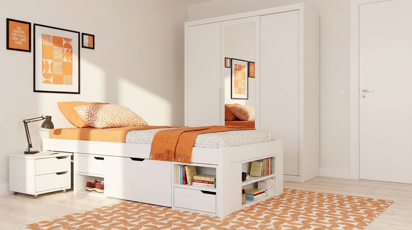 Quarto pequeno organizado com cama de solteiro com gavetas e nichos, tapete laranja e branco, e guarda-roupa branco