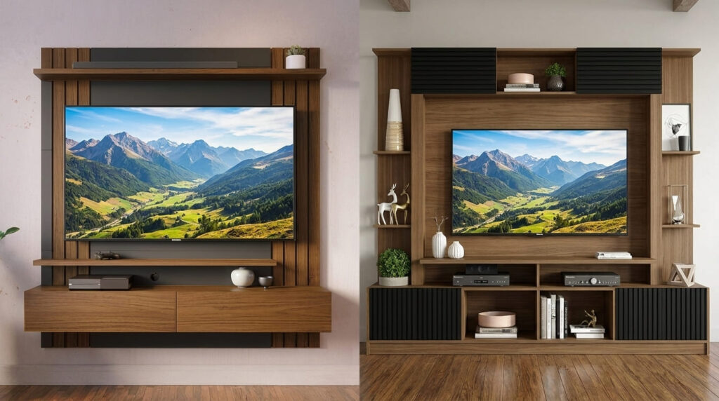 Comparativo entre painel suspenso com nichos e rack integrado à esquerda e rack completo com painel e prateleiras à direita, ambos em madeira, com TV ao centro exibindo paisagem de montanha.