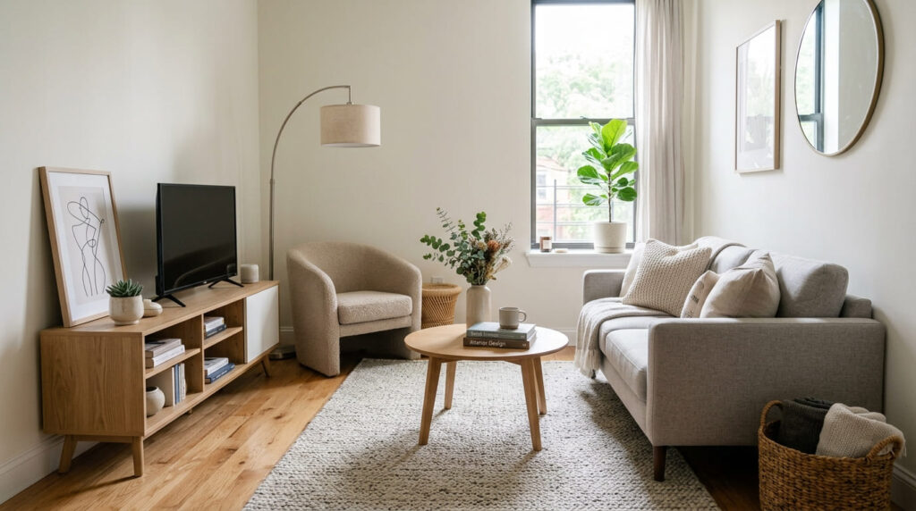 Decoração de Sala de Estar Pequena: Maximize o Espaço com Estilo Sala de estar pequena com sofá cinza, rack de madeira, TV, poltrona, mesa de centro redonda e planta próxima à janela, em decoração clean e organizada.