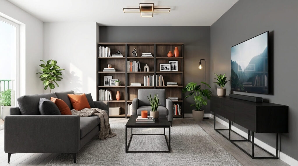 Organização Inteligente para Sala de Estar: Mantenha a Ordem com Estilo Sala de estar organizada e moderna com sofá cinza, almofadas laranja, estante de livros ao fundo, poltrona, mesa de centro minimalista, rack com TV e plantas em vasos, em estilo clean e aconchegante.