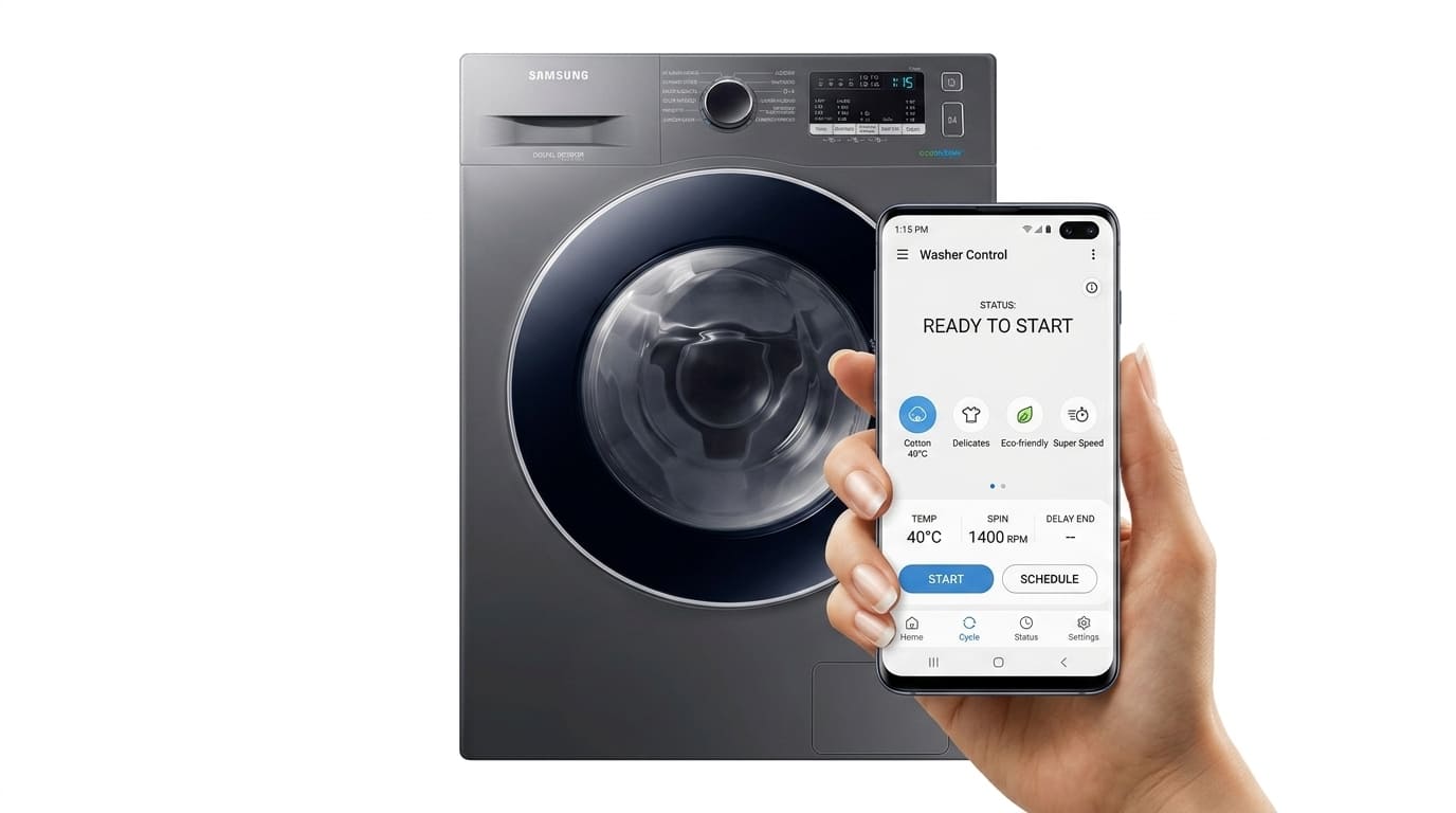 Lavadora e secadora inteligente conectada ao celular por aplicativo e Wi-Fi facilitando a vida na lavanderia.