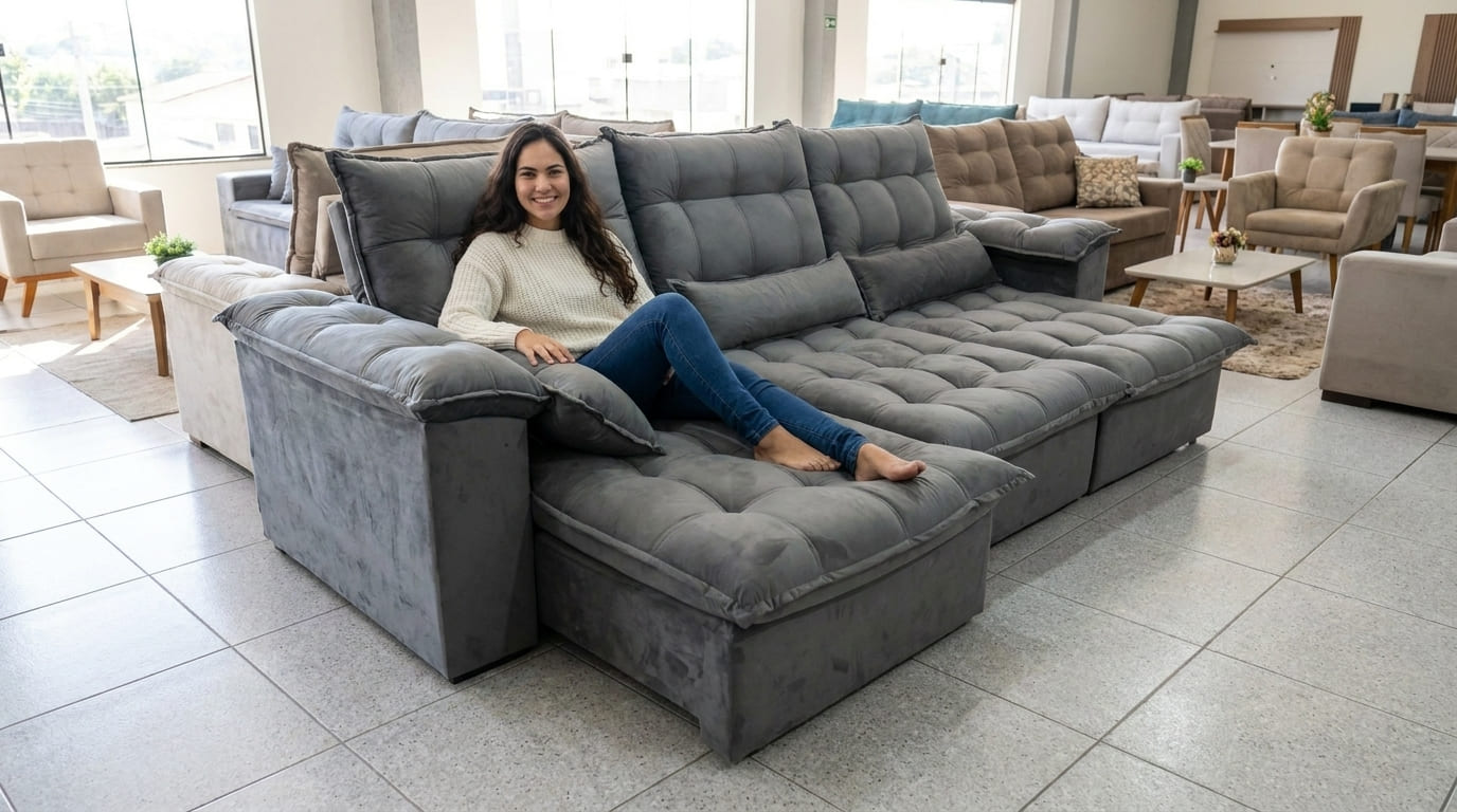  Mulher reclinada em um sofá retrátil e reclinável cinza com chaise, demonstrando o conforto máximo e a versatilidade do móvel em uma sala de estar moderna com outros sofás ao fundo.