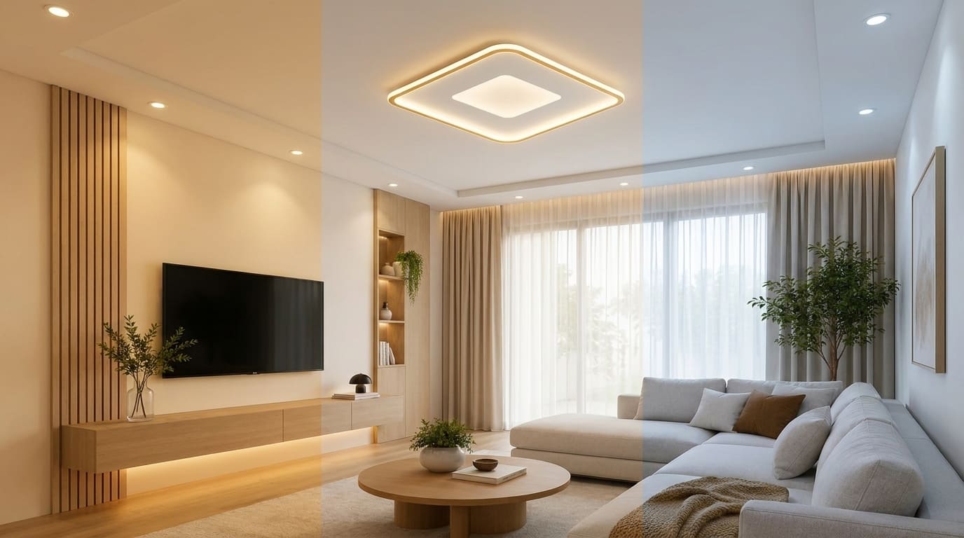Comparação de três temperaturas de cor para iluminação de sala de estar: luz quente amarelada (2700K), luz neutra branca (4000K) e luz fria azulada (5000K), mostrando diferentes atmosferas no mesmo ambiente.