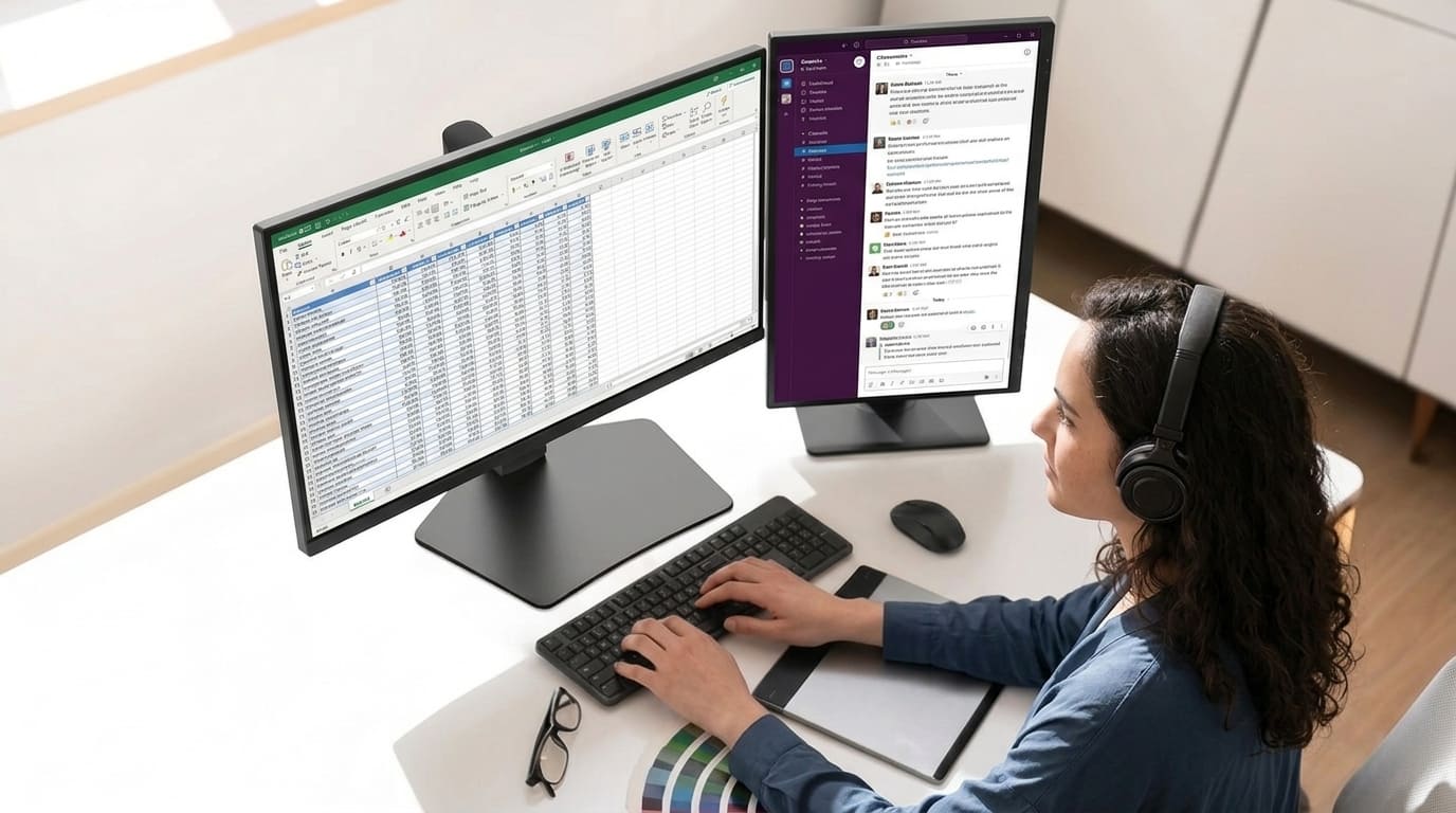 Mulher trabalhando com dois monitores, usando monitor horizontal usando planilha e um monitor vertical usando aplicativo de comunicação para organizar documentos no trabalho.