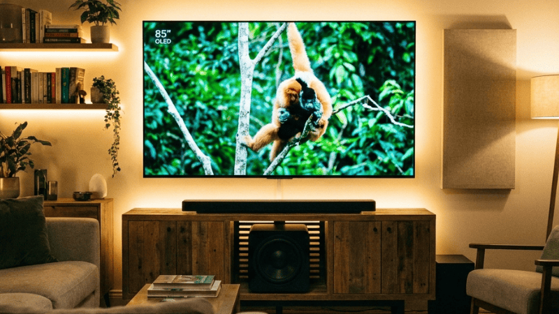 Sala de estar com TV de tela grande, soundbar e subwoofer posicionados no rack, formando um sistema de home theater.