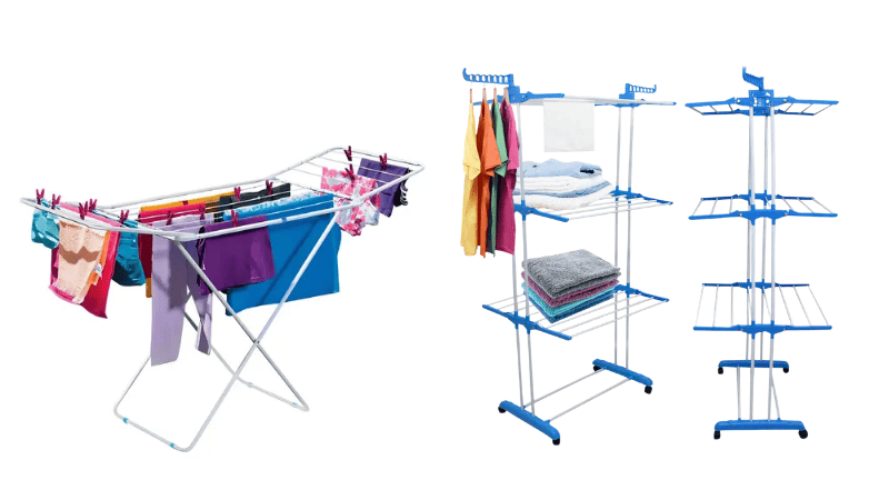 Varal de chão com roupas coloridas estendidas ao lado de varal vertical azul de vários andares, mostrando diferentes tipos de varal para secar roupas em casa.