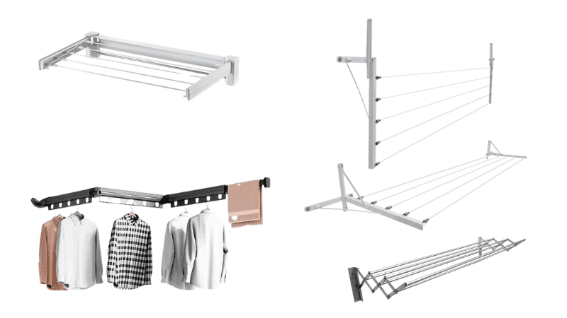 Conjunto de varais retráteis de parede e varal sanfonado em metal, mostrando diferentes modelos de varal retrátil para áreas internas e externas.