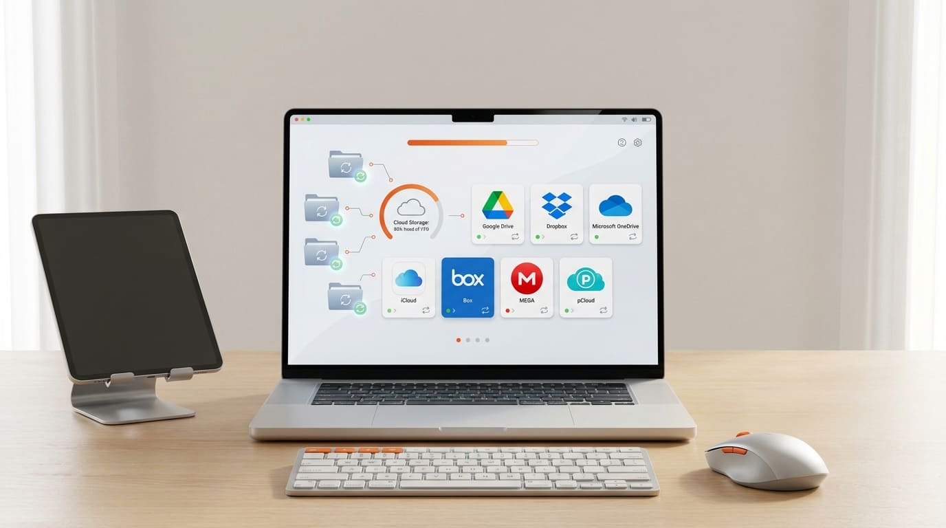 Notebook exibindo aplicativos de armazenamento em nuvem em uma mesa de home office.