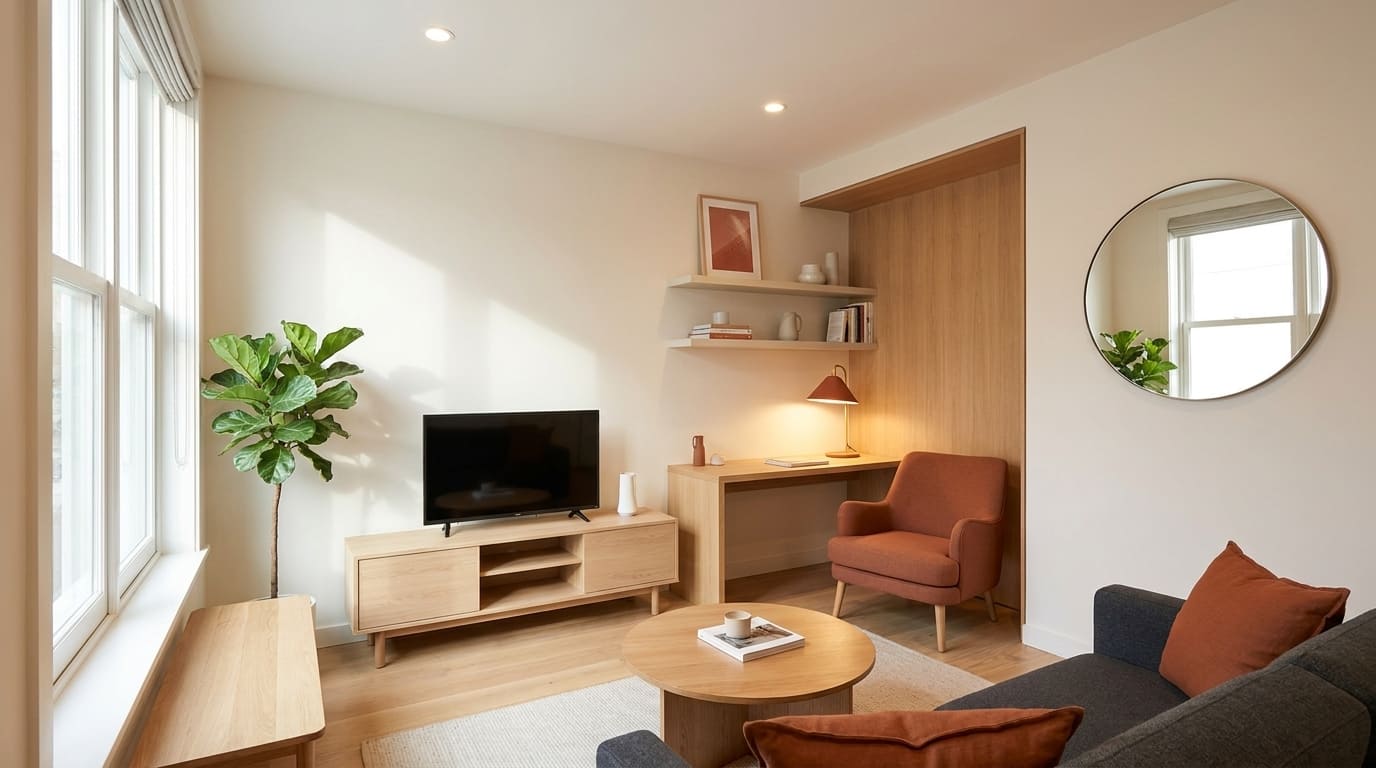 Exemplo de como personalizar o ambiente: Sala compacta com cores neutras, iluminação funcional, luminária de apoio e decoração organizada.