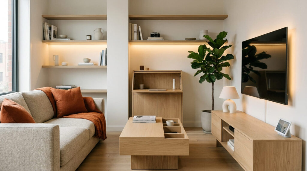 Sala compacta com decoração inteligente, móveis multifuncionais, TV, iluminação indireta e objetos organizados.